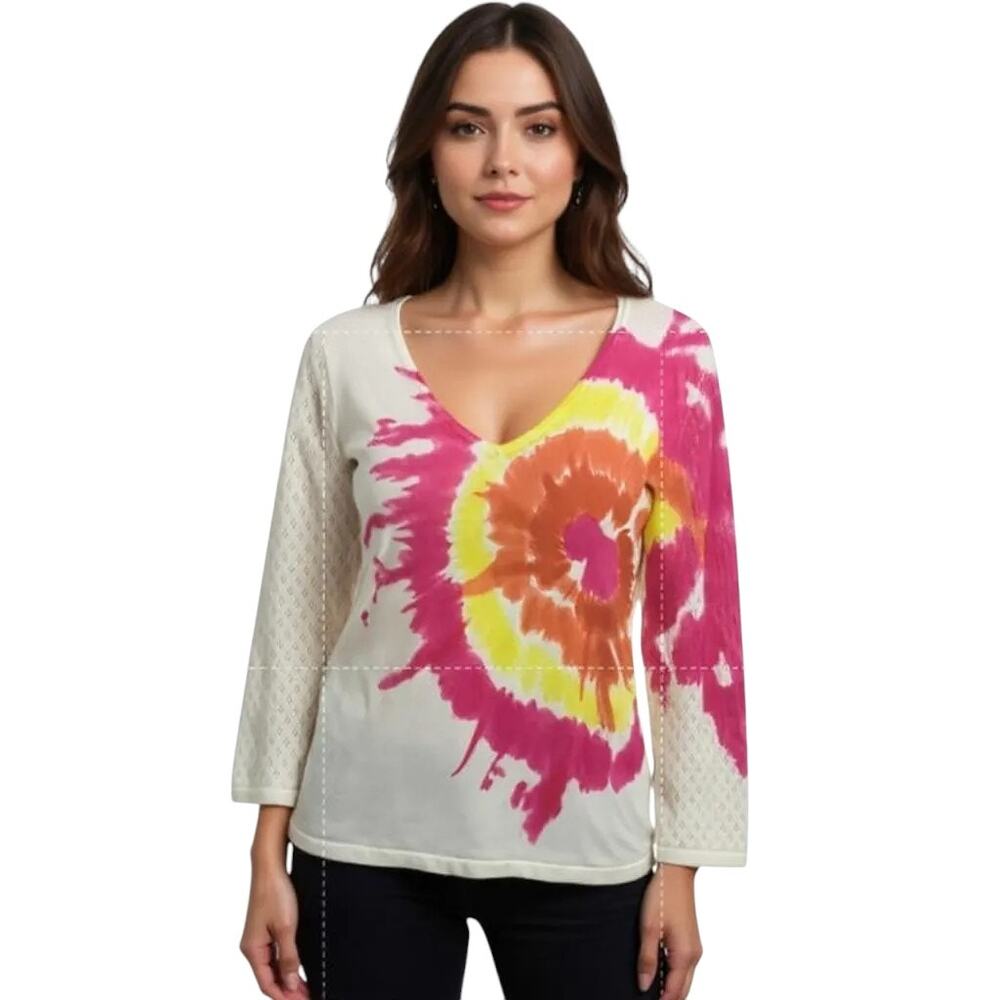Peter Nygard Sweater Women's Sz L Tie Dye V Neck long Sleeve Pullover Soft Knit